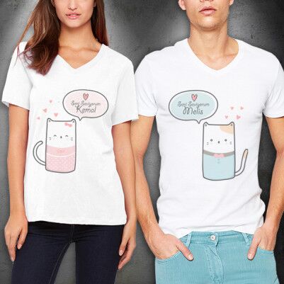  - Sevimli Kedicikler 2'li Sevgili Tişörtleri