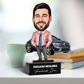 Siyah Arabası Olan Erkek Karikatürlü Biblo - Thumbnail