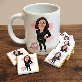  - Siyah Takım Elbiseli Kadın Karikatürlü Kupa ve Çikolata