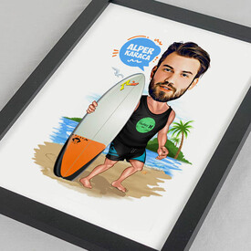 Sörf Yapan Erkek Karikatürlü Resim Çerçevesi - Thumbnail