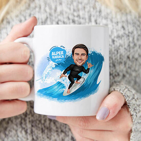 Sörfçü Adam Karikatürlü Kupa Bardak - Thumbnail