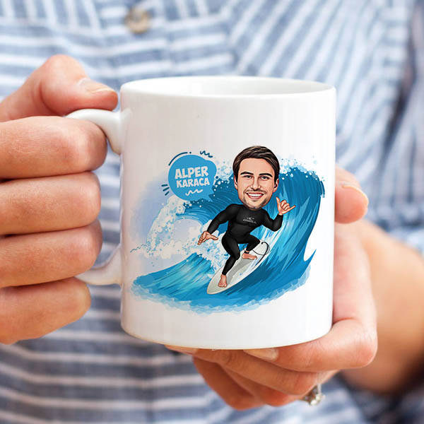 Sörfçü Adam Karikatürlü Kupa Bardak