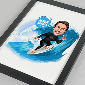 Sörfçü Adam Karikatürlü Resim Çerçevesi - Thumbnail