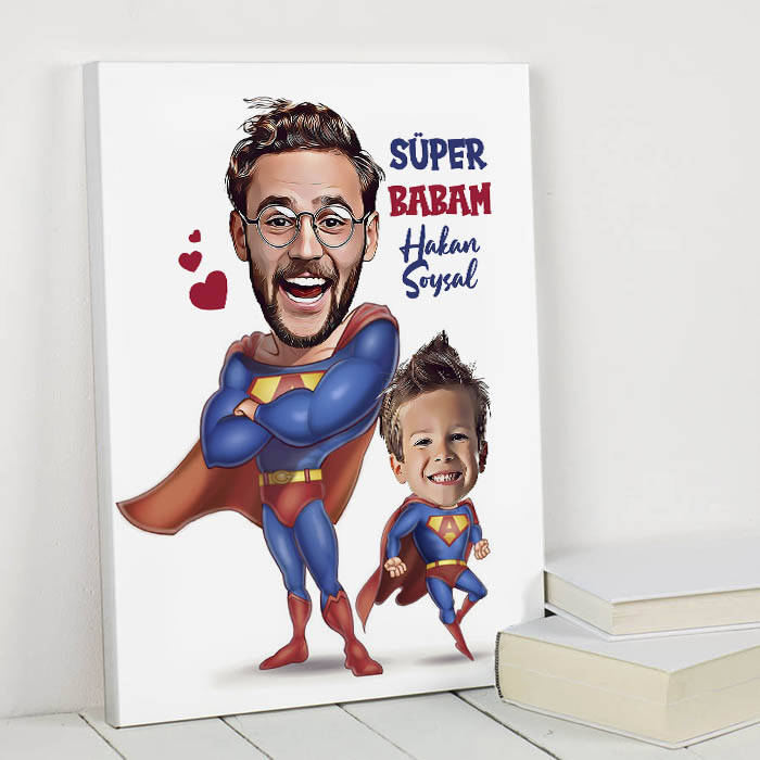 Süper Baba ve Oğlu Karikatürlü Kanvas Tablo