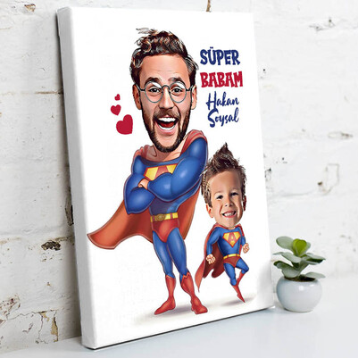 Süper Baba ve Oğlu Karikatürlü Kanvas Tablo - Thumbnail