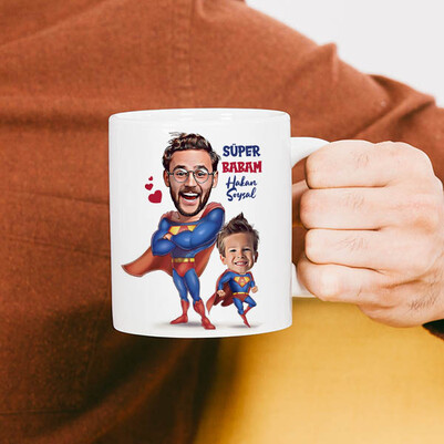 Süper Baba ve Oğlu Karikatürlü Kupa Bardak - Thumbnail