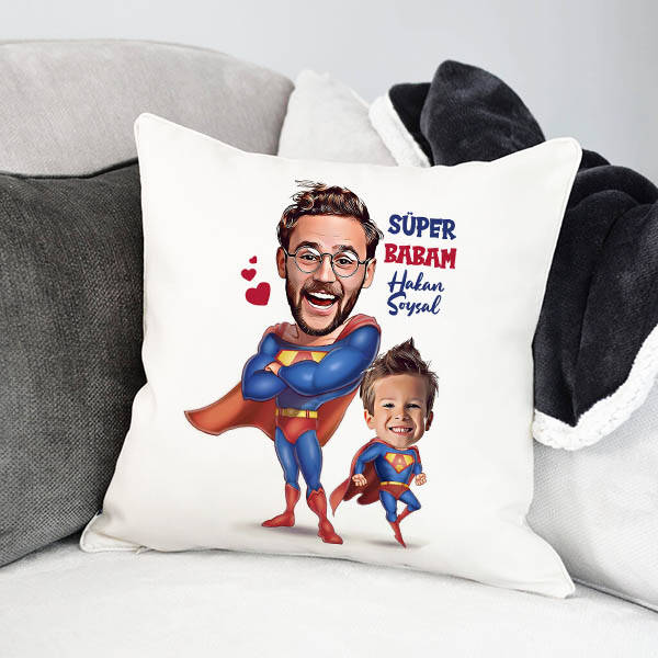 Süper Baba ve Oğlu Karikatürlü Yastık
