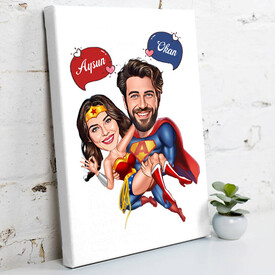 Süper Kahraman Aşıklar Karikatürlü Kanvas Tablo - Thumbnail