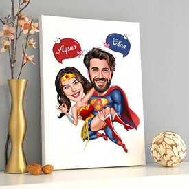 Süper Kahraman Aşıklar Karikatürlü Kanvas Tablo - Thumbnail