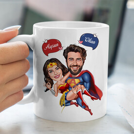 Süper Kahraman Aşıklar Karikatürlü Kupa Bardak - Thumbnail