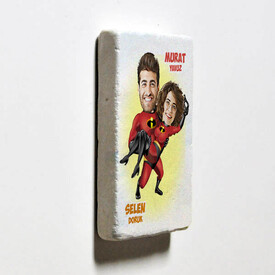 Süper Kahraman Aşıklar Karikatürlü Taş Buzdolabı Magneti - Thumbnail