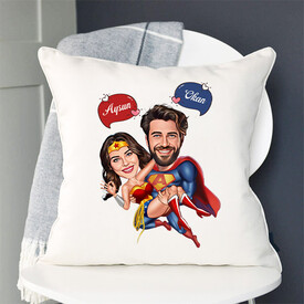 Süper Kahraman Aşıklar Karikatürlü Yastık - Thumbnail