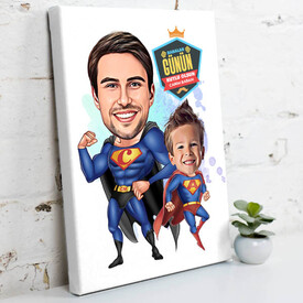 Süper Kahraman Baba ve Oğlu Karikatürlü Kanvas Tablo - Thumbnail