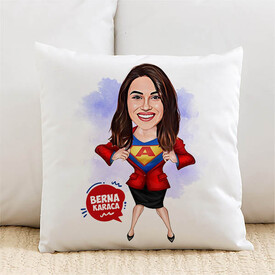 Süper Kahraman Kadın Karikatürlü Yastık - Thumbnail