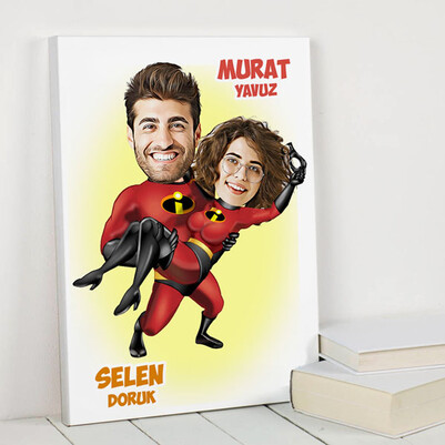 Süper Kahraman Sevgililer Karikatürlü Kanvas - Thumbnail