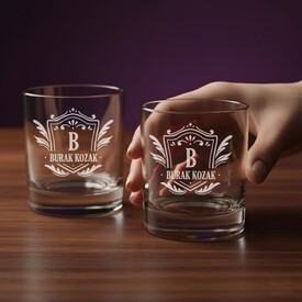  - Süslü Tasarımlı İsimli İkili Viski Bardağı