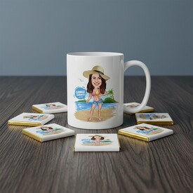  - Tatildeki Güzel Kadın Karikatürlü Kupa ve Çikolata