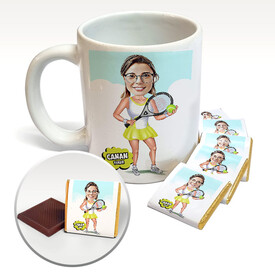 Tenis Oynayan Kadın Karikatürlü Kupa ve Çikolata - Thumbnail