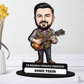 Flüt Ustası Müzisyen Erkek Karikatürlü Kanvas Tablo - Thumbnail