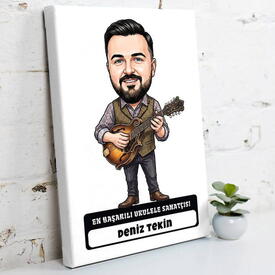  - Ukulele Sanatçısı Müzisyen Erkek Karikatürlü Kanvas Tablo