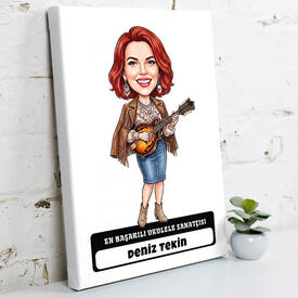  - Ukulele Sanatçısı Müzisyen Kadın Karikatürlü Kanvas Tablo