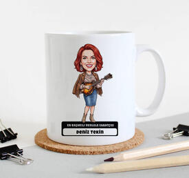 Ukulele Sanatçısı Müzisyen Kadın Karikatürlü Kupa Bardak - Thumbnail