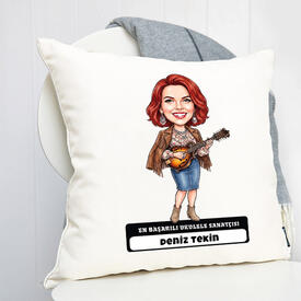  - Ukulele Sanatçısı Müzisyen Kadın Karikatürlü Yastık