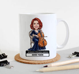 Viyolonsel Sanatçısı Müzisyen Kadın Karikatürlü Kupa Bardak - Thumbnail