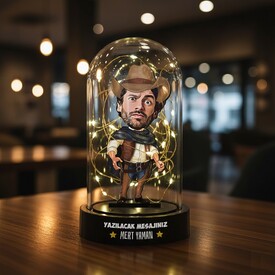  - Yakışıklı Kovboy Karikatürlü Işıklı Fanus Biblo