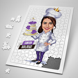  - Yaş Pasta Taşıyan Aşçı Kadın Karikatürlü Puzzle