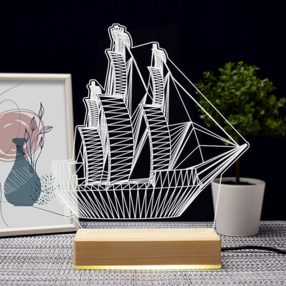 Yelkenli Gemi Tasarımlı 3d Led Lamba - Thumbnail