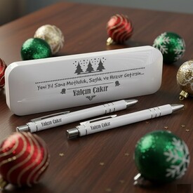  - Yılbaşı Temalı Beyaz Kutuda Kalem Seti