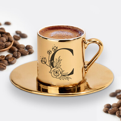 Zarif Baş Harfli Gold Kahve Fincanı - Thumbnail