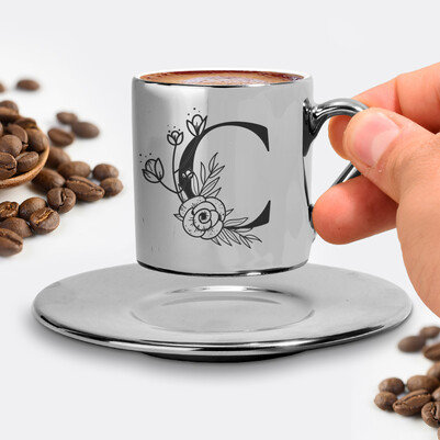 Zarif Baş Harfli Silver Kahve Fincanı - Thumbnail