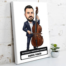  - Kontrobas Sanatçısı Müzisyen Erkek Karikatürlü Kanvas Tablo