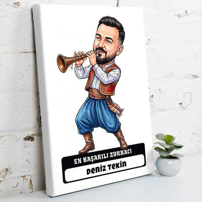  - Zurnacı Müzisyen Erkek Karikatürlü Kanvas Tablo